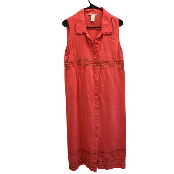 Vintage Jillian Jones Women Linen Midi Dress Size 6 Red Button Front Embroidered - Picture 1 of 8